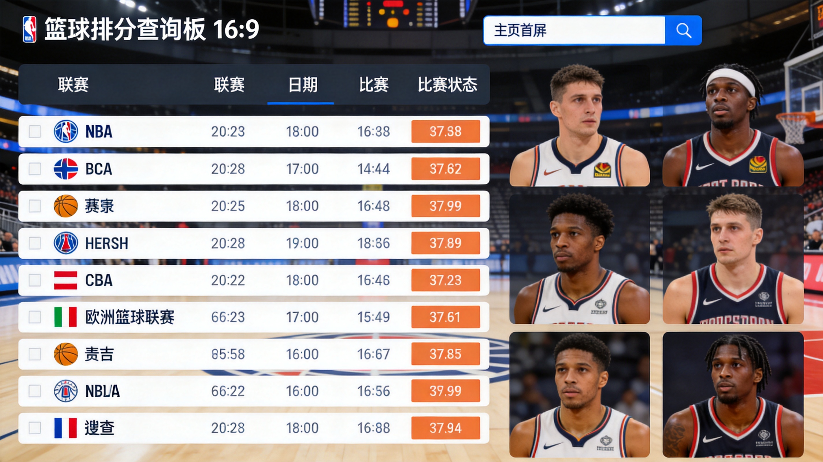 篮球比分查询看板示意图，按联赛与比赛状态排列比赛数据条目